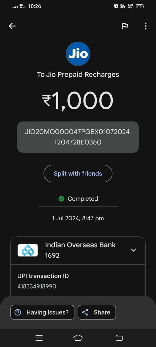 arakkans's tweet photo. @GooglePayIndia I transferred money from @IOBIndia to jio pos lite app from google pay and the transaction was successful but the amount was not credited in My pos wallet. @reliancejio @JioCare https://t.co/mqg2fP5N06