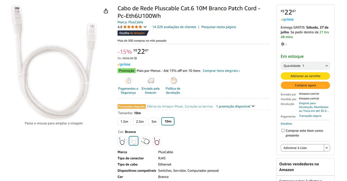 trick2088's tweet photo. O preço do cabo ethernet CAT6 BRANCO de 10 METROS está muito bom, ainda mais pra um produto que já está no Brasil!!!
#PrimeDay #CupomAmazon #PatchCord https://t.co/6XaAFJ5Vrg