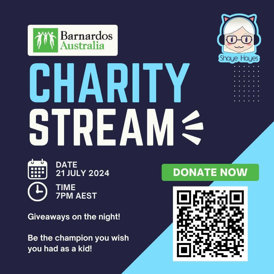 🎮🌟 Join me this Sunday at 7 pm AEST on <a href="/Twitch/">Twitch</a>  for a special #charity stream supporting <a href="/Barnardos_LOC/">BarnardosStreamers_Aus</a>! 🌟🎮

Epic gameplay, $50+ donations enter you in a prize draw, and we help vulnerable kids! Be the champion you wish you had as a kid. 💖

Donate: tiltify.com/@shayehayes/ki…
