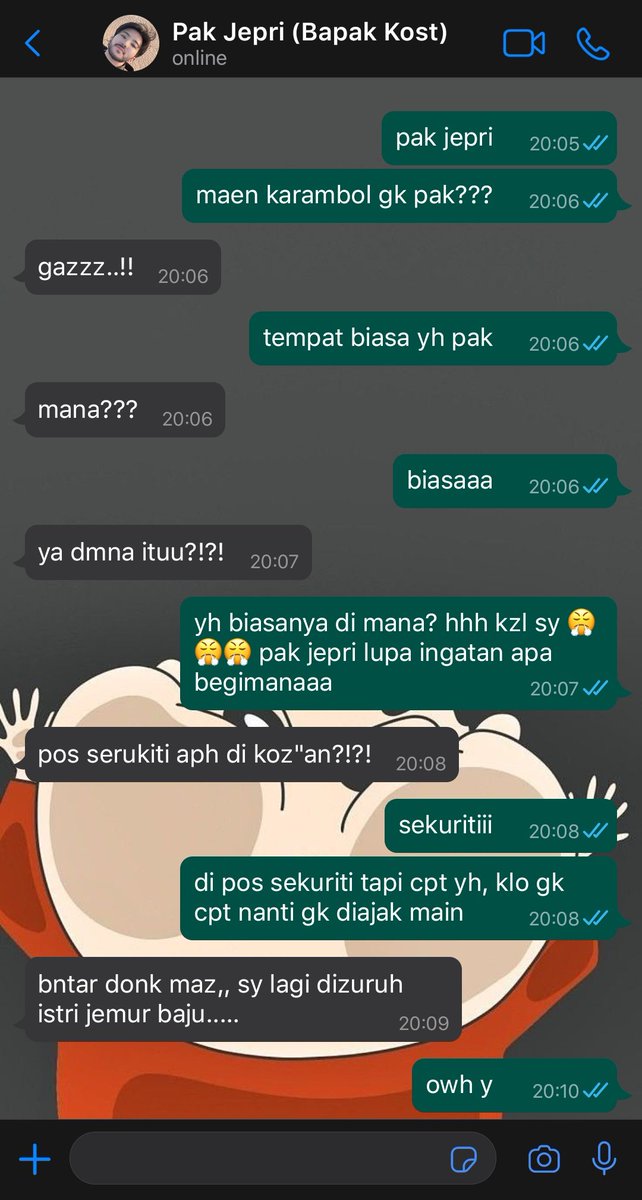 chikincaratge's tweet photo. ❓ kak abidin abidin pernah ga kena omel bumil/pak jeffrey krn tingkah lakunya yg diluar nalar itu?
💬 pernah sama bumil, soalnya abidin masih ada takut2nya sama beliau. kalo sama pak jepri mah engga soalnya sobat sefrekuensi 😍 #kostbumil https://t.co/C5qo6xiODc