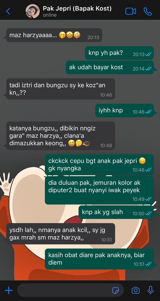 chikincaratge's tweet photo. ❓ kak abidin abidin pernah ga kena omel bumil/pak jeffrey krn tingkah lakunya yg diluar nalar itu?
💬 pernah sama bumil, soalnya abidin masih ada takut2nya sama beliau. kalo sama pak jepri mah engga soalnya sobat sefrekuensi 😍 #kostbumil https://t.co/C5qo6xiODc
