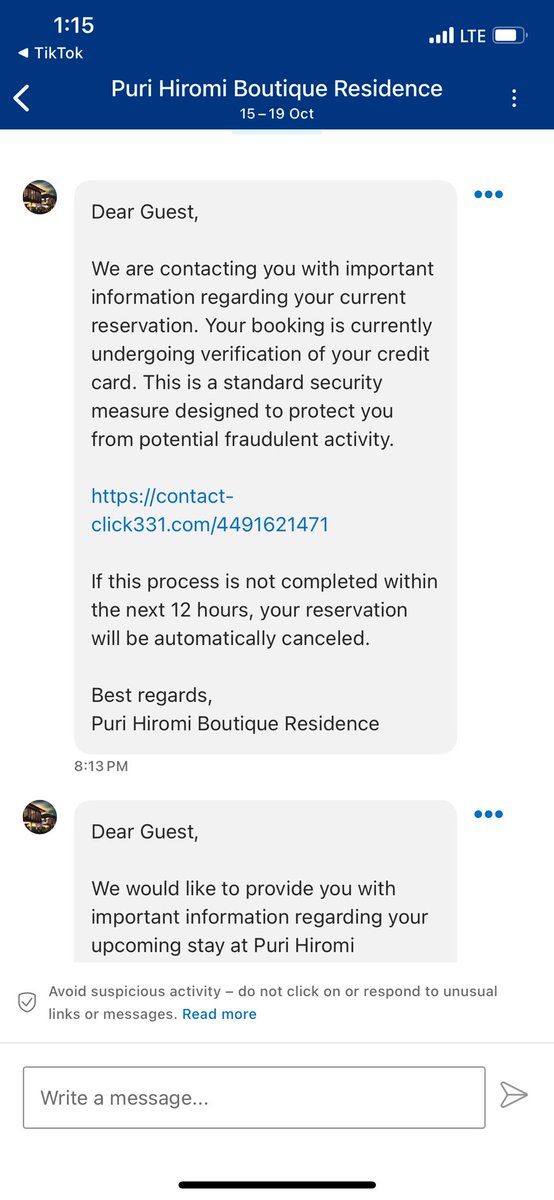muhdnaimmustafa's tweet photo. Bahaya jugak ek guna https://t.co/3wieGVEzFA ni. Mula-mula semalam suruh verify booking. 

Tapi link tu nampak suspicious. Bila aku reconfirm dengan booking, memang benda tu scam.

Tapi yang peliknya,  ni direct inbox dalam booking. Inbox property kena hack? https://t.co/5QN8Vhyoln