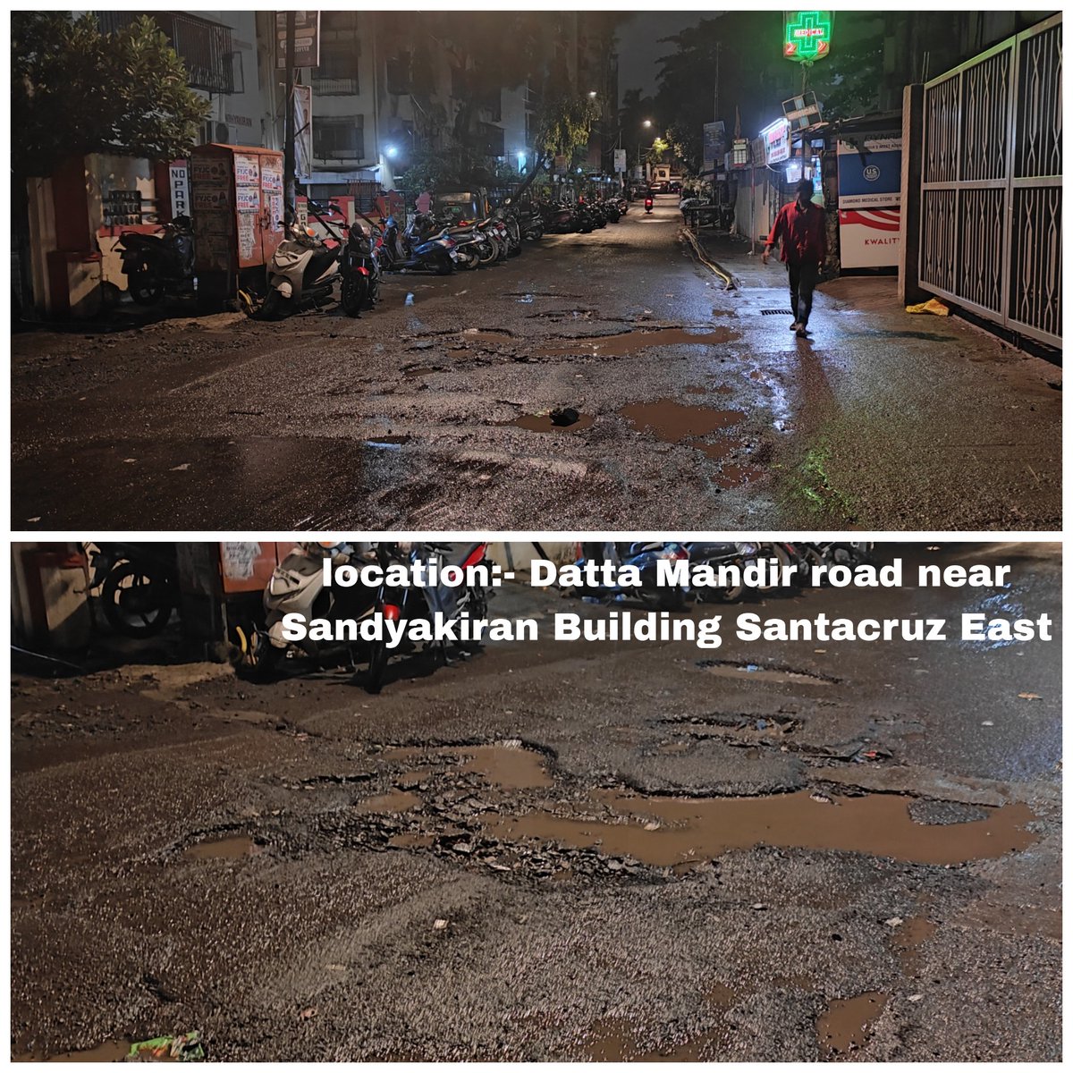 JDevalekar's tweet photo. सांताक्रूझ (पूर्व) दत्त मंदिर रोड इकडे मोठ्या प्रमाणात पडलेल्या खड्ड्यांमुळे रस्त्याची पार चाळण झाली आहे.त्यामुळे येणाऱ्या-जाणाऱ्या नागरिकांना व वाहनांना वाहतुकीची समस्या निर्माण झाली आहे. तर लवकरात लवकर समस्या सोडवणे ही माझी विनंतीआहे.
 @mybmcWardHE @mybmc @CMOMaharashtra https://t.co/Vo9RVXdvGv