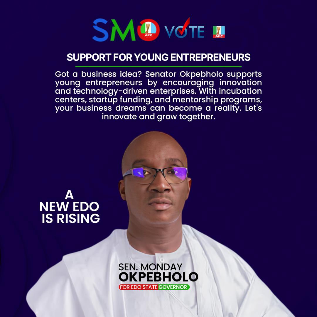 tosino52's tweet photo. Got a business idea? Senator Monday Okpebholo supports young entrepreneurs by encouraging innovation and technology-driven enterprises. With incubation centers, startup funding, and mentorship programs.
#SMO
#ANewEdoIsRising
#Edo2024
#APCNewMedia
#MondayForGovernor
#EdoYouth https://t.co/2NY19rmBc2