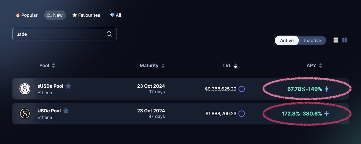 1️⃣新上架 <a href="/pendle_fi/">Pendle</a> 香香LP池👀

七月的 $USDe / $sUSDe LP池只剩7天到期了⏰
使用Transfer Liquidity功能一键换到十月份新池
一笔gas完成退出、收菜、换马

新USDe池积分加乘由20x → 25x

有锁vePendle的，LP APY可获加乘
没有vePendle的迟些也可往<a href="/Equilibriafi/">Equilibria</a>或<a href="/Penpiexyz_io/">Penpie</a>质押LP，也有加乘