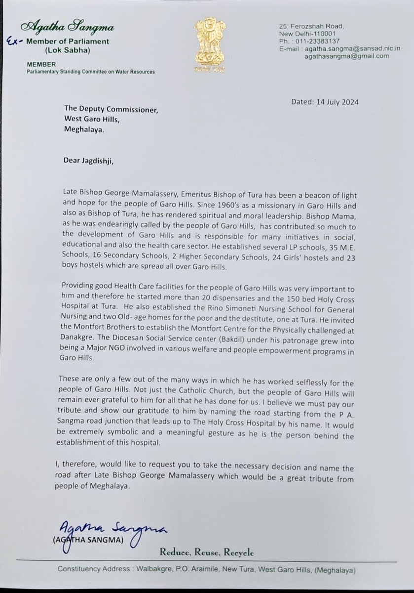 AgathaKSangma's tweet photo. As a gesture of gratitude and respect for the lifelong dedication and contributions of Late Bishop George Mamalassery to the people of Garo Hills, I urge the authorities to honour his legacy by naming the road starting  from the P. A. Sangma road upto The Holy Cross Hospital. https://t.co/fhl74Kfg88