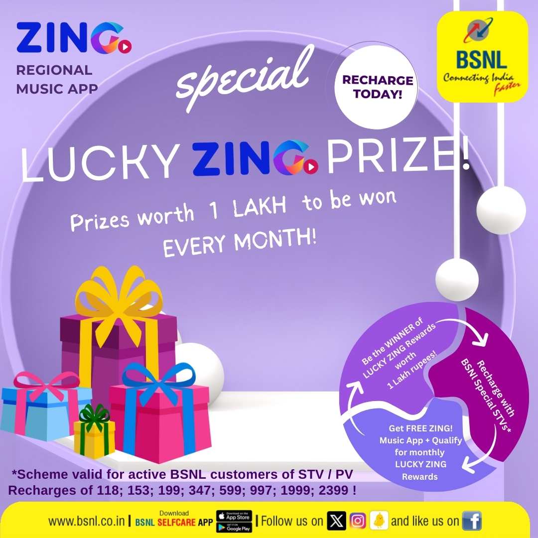 BSNLCorporate's tweet photo. #BSNL Recharge Bonanza: Special Lucky Prizes Just for You! Recharge Now!
Download #BSNLSelfcareApp
Google Play: https://t.co/CVXLFIy13f
App Store: https://t.co/0mzHyI0cD9 

#BSNLOnTheGo #DownloadNow #ZING #SwitchToBSNL https://t.co/St98YR9CJZ