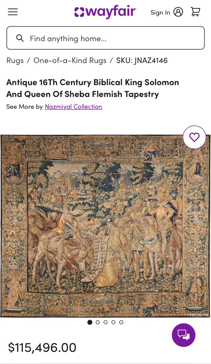thisiscaramore's tweet photo. Thank god wayfair has 16th century Flemish tapestries of king Solomon https://t.co/MKAslSNs0j
