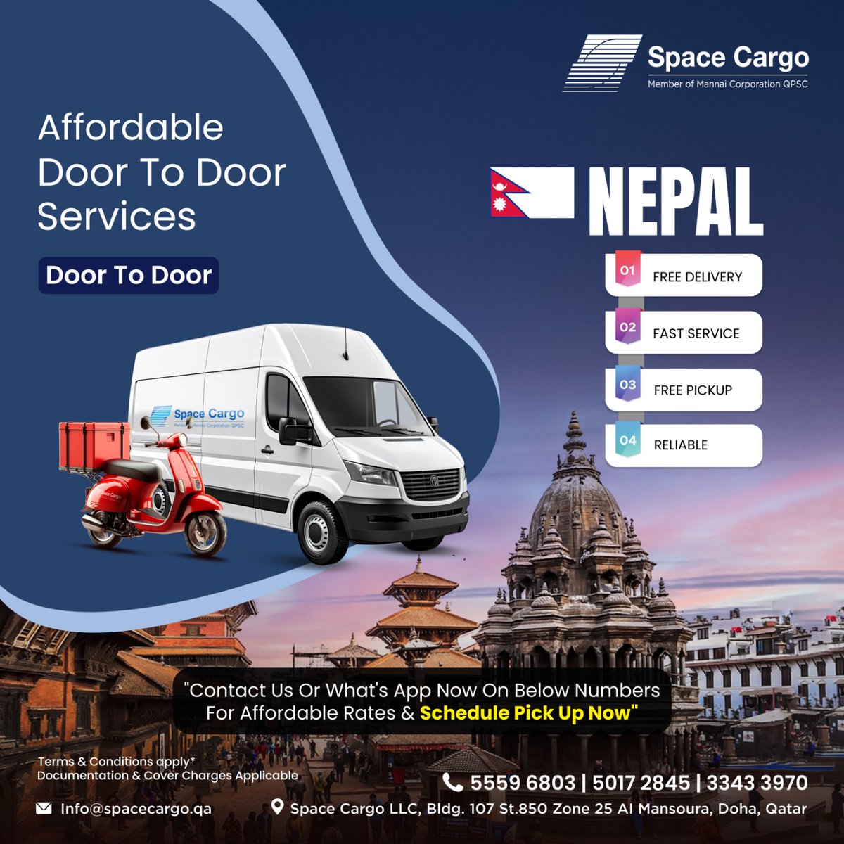 spacecargoqa's tweet photo. 🌐 Affordable Door-to-Door Services to Nepal! 🌐 
Enjoy reliable service with free delivery, pickup, and fast, dependable logistics. Contact us on WhatsApp or call for affordable rates and schedule your pick-up today! 
#AirCargo #Logistics #Nepal #SpaceCargo #Shipping #Doha https://t.co/LFU5EwG2J8