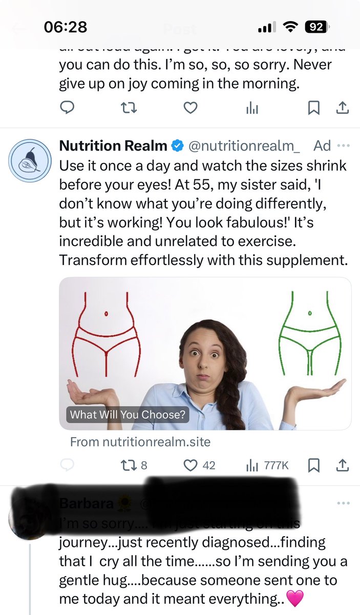 I get it. I know I’m fat, ugly, dying - SO unattractive - and you need ad dollars. But this is wrong. The woman I was trying to use X to support is getting round 4 of chemo and this is the ad you “feed” her. It’s nothing, but it’s everything. <a href="/X/">X</a> <a href="/elonmusk/">Elon Musk</a> #WritingCommunity #good