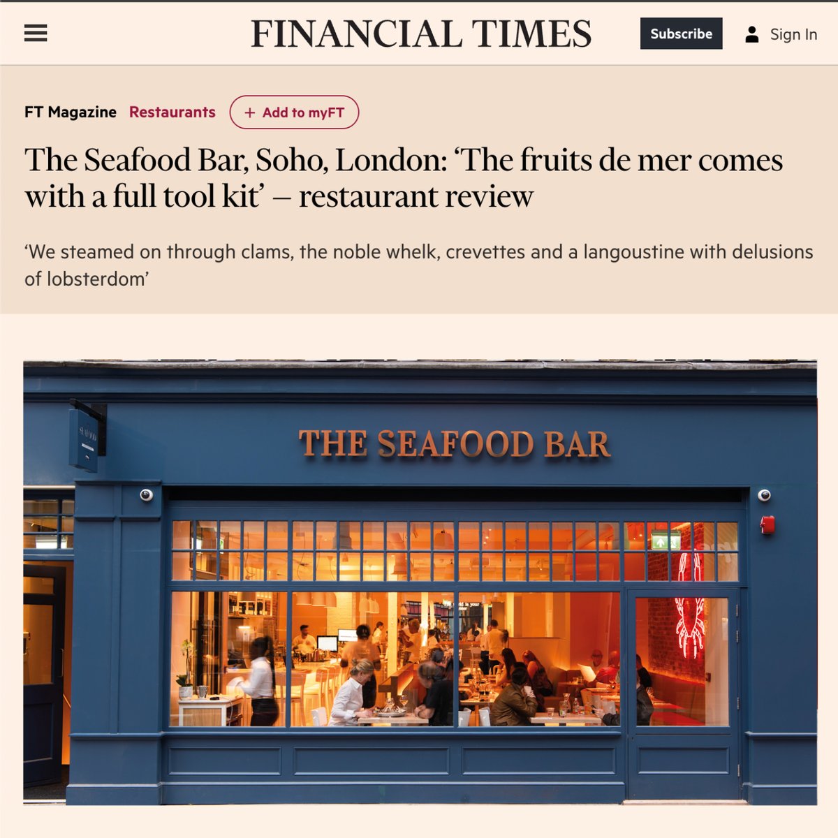 Throwback to the fantastic review of The Seafood Bar, Soho, by the Financial Times! From the delicious prepared fruits de mer to the vibrant atmosphere, this spot is quickly becoming a staple of Soho's dining scene. 📷📷 bit.ly/financialtimes…