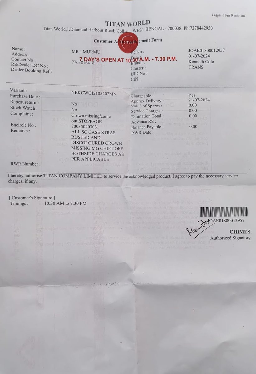 j_murmu's tweet photo. @titanwatches @RNTata2000 @PMOIndia 
I have given a Kenneth Cole watch(Model No. NEKCWGI2105202MN) to the Titan World (Taratala, Kolkata) for replacement of missing crown (key). Pls support, as they are unable to repair.
-Jagannath Murmu,  
Mob:7763816418 https://t.co/eh2mPypVol