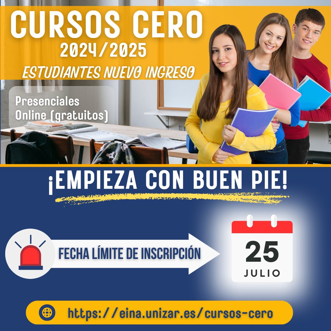 🔥¡Fecha límite de inscripción en los Cursos Cero🔥
🗓️25 de julio ¡Que no se te pase!
Presenciales y online
eina.unizar.es/cursos-cero