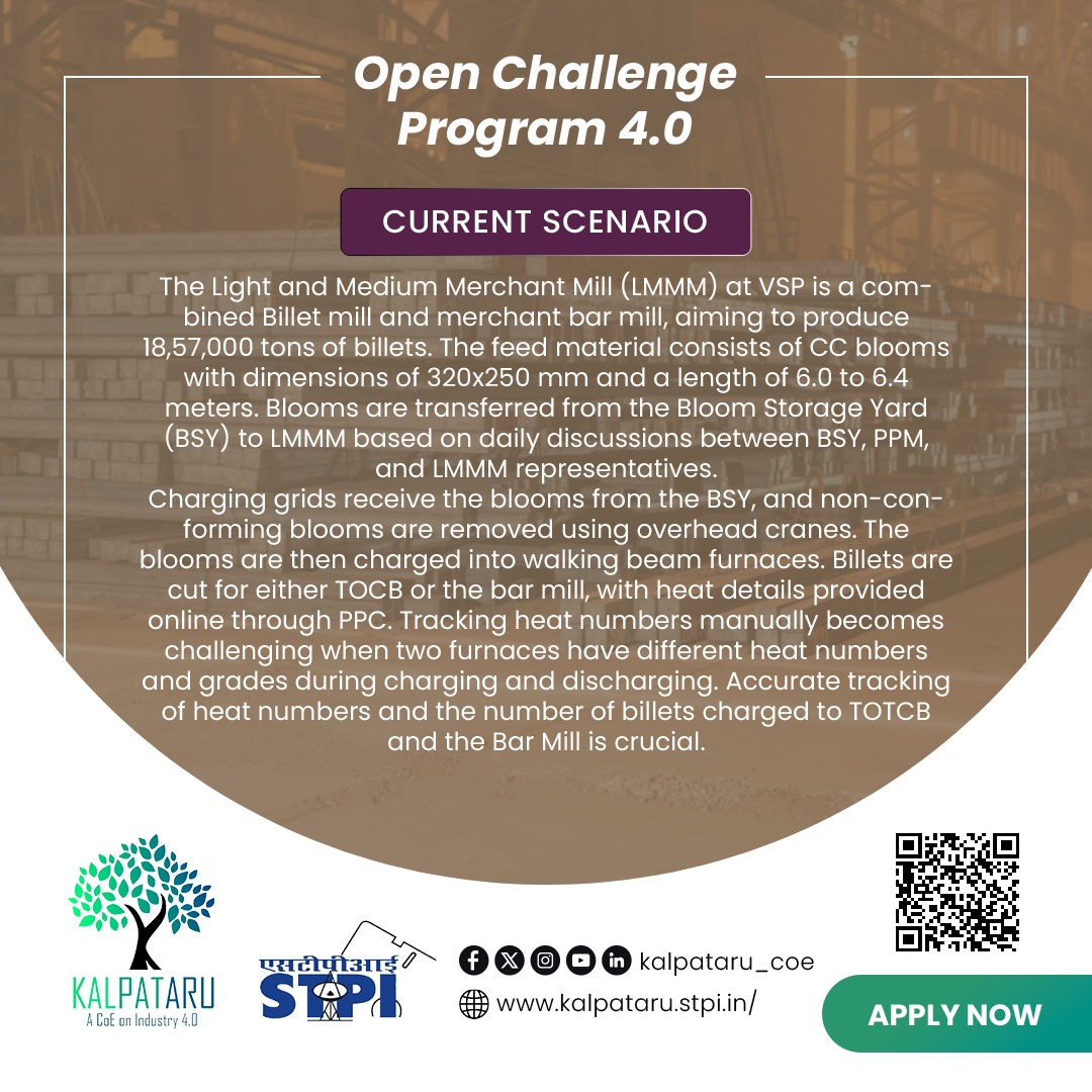 STPI_KALPATARU's tweet photo. Develop an #Industry4.0 solution for "Material Tracking in Billet Mill" for @RINL_VSP problem statement by participating in the #OCP4.0 of #KALPATARU_COE
Apply Now: https://t.co/Db76PdoNlO
@arvindtw @DeveshTyagii @KavithaC8 @stpiindia @stpinext #STPIINDIA #STPINEXT #STPICoEs https://t.co/dtpTITPLDe