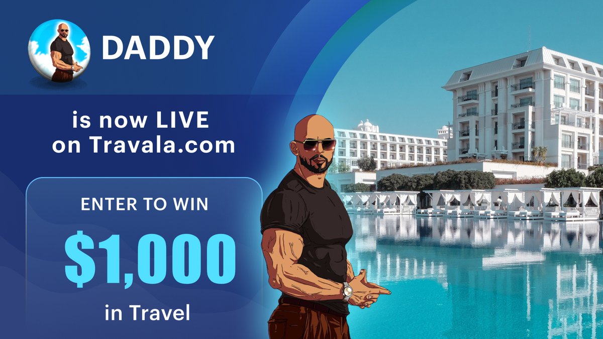 📢NEW INTEGRATION ALERT: $DADDY is now LIVE on Travala!🎉

You can book over 3 million hotels &amp; flights globally with $DADDY 🌍✈️
To celebrate, enter the giveaway:

1️⃣ Follow <a href="/DaddyTateCTO/">$DADDY Tate</a> &amp; <a href="/travalacom/">Travala.com 🏨 ✈️</a>
2️⃣❤️&amp;🔁 this post
3️⃣ Tag a travel friend👇

🏆1x $500, 2x $250
Ends July 25