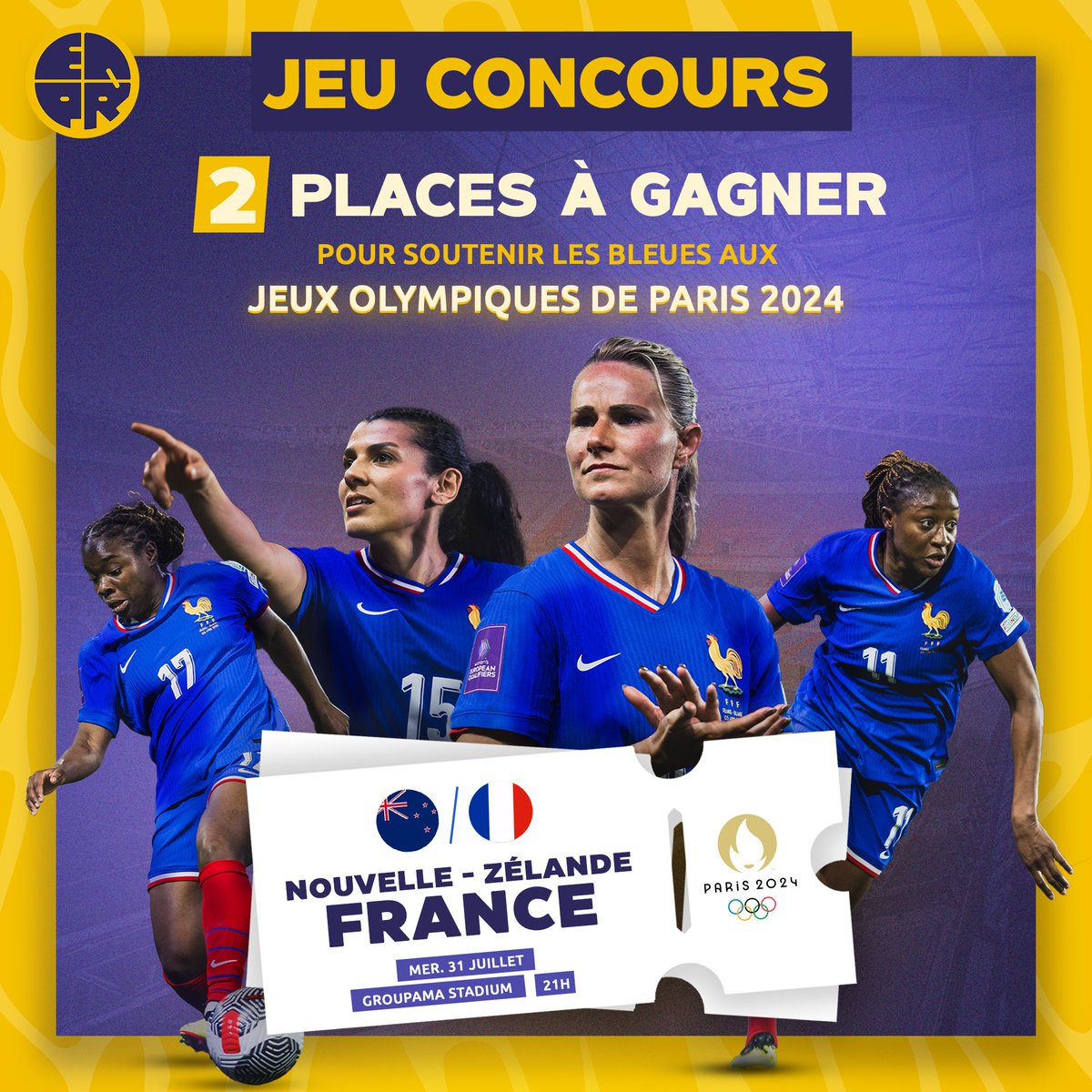 lequipiere's tweet photo. 🎁 JEU CONCOURS 🎁

Vous souhaitez encourager les Bleues aux Jeux Olympiques ? 🤩

Tentez de gagner 2 places pour le match Nouvelle-Zélande - France à Lyon 🇳🇿🇫🇷

Pour participer :
1⃣ RT ce tweet
2⃣ Follow @lequipiere

Tirage au sort le 25 juillet. Bonne chance 🍀 
#Paris2024 https://t.co/94bUJ5sdvj