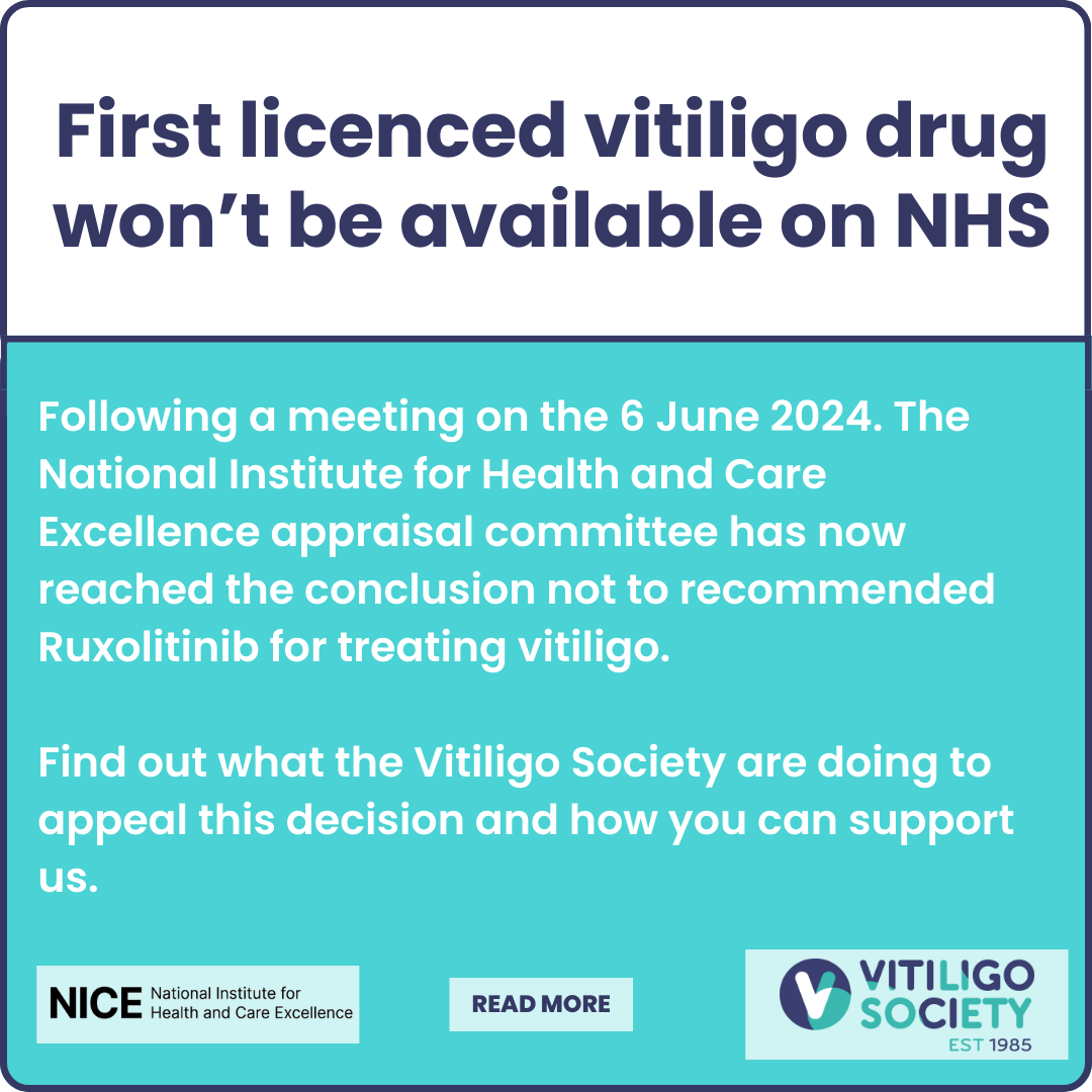 vitiligosociety's tweet photo. Today NICE announced that it will not approve the new drug, for use to treat #vitiligo through the NHS on prescription. 

Ruxolitinib is the only licenced treatment for vitiligo, and could have improved the lives of over 1 million patients in the UK.

https://t.co/5IGg3RPhoa https://t.co/tSfxFP7pg0
