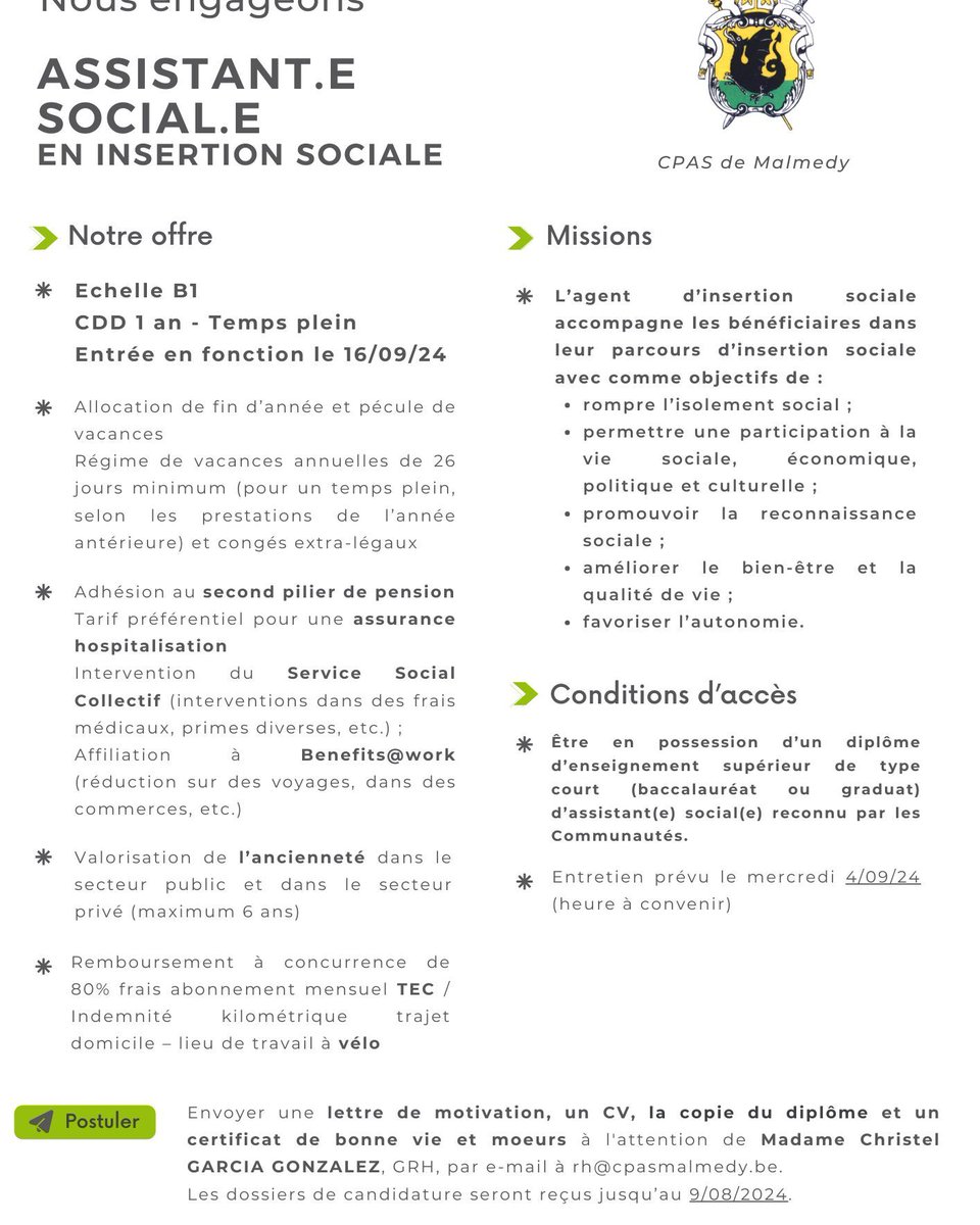 VMalmedy's tweet photo. 📣 EMPLOI 

👉 Le CPAS de #Malmedy recherche 
un(e) Assistant(e) Social(e) en insertion sociale

📅 Candidatures à envoyer par mail à rh@cpasmalmedy.be
#Diéteticien #Responsable #Cuisine #offredemploi https://t.co/41B4BgYTKm