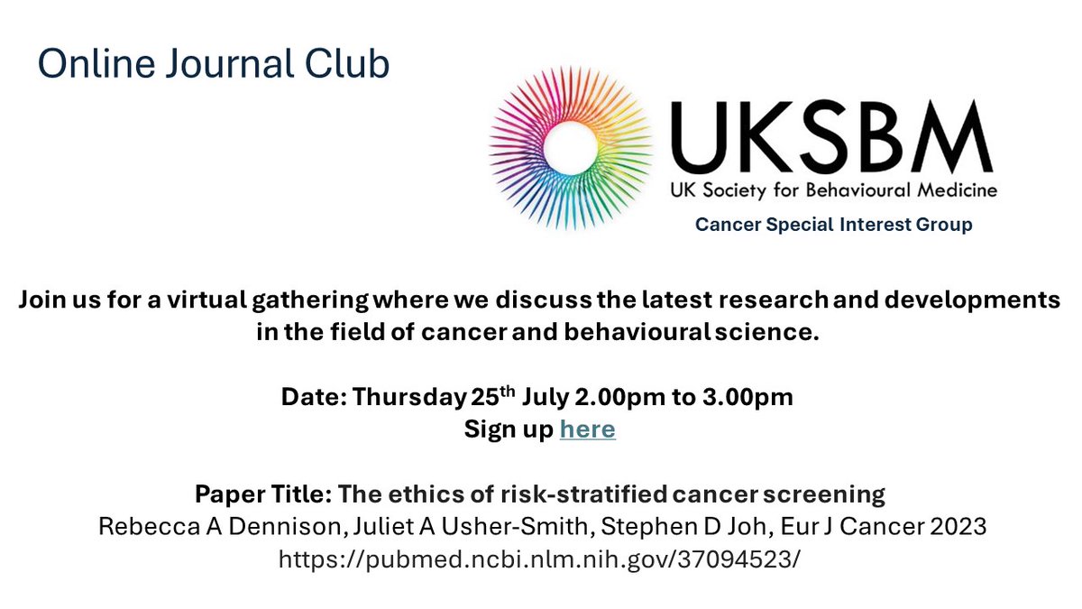 Dr Sophie Reale (@sophiereale) on Twitter photo ONE WEEK TO GO - join us at our next online journal club where we will be discussing the ethics of risk-stratified cancer screening.
You can sign up here: eventbrite.co.uk/e/uksbm-cancer…
We look forward to seeing you all soon. <a href="/UKSBM/">UK Society for Behavioural Medicine</a> Cancer SIG. ONE WEEK TO GO - join us at our next online journal club where we will be discussing the ethics of risk-stratified cancer screening.
You can sign up here: eventbrite.co.uk/e/uksbm-cancer…
We look forward to seeing you all soon. <a href="/UKSBM/">UK Society for Behavioural Medicine</a> Cancer SIG.