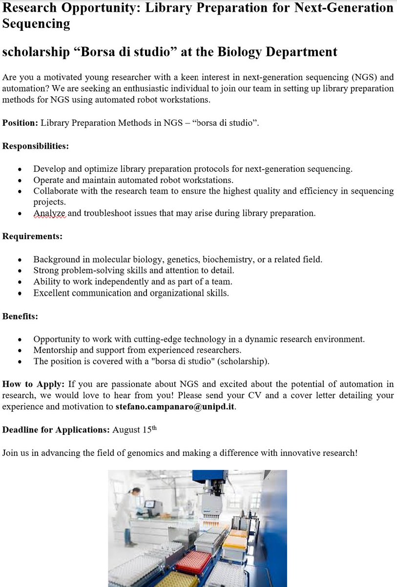 stefano campanaro (@campanarostef) on Twitter photo Are you a young #researcher with a keen interest in next-generation #sequencing (NGS) and #automation? We are seeking an enthusiastic individual to join our team in setting up #library prep methods for NGS using automated robot #workstations - contact stefano.campanaro@unipd.it Are you a young #researcher with a keen interest in next-generation #sequencing (NGS) and #automation? We are seeking an enthusiastic individual to join our team in setting up #library prep methods for NGS using automated robot #workstations - contact stefano.campanaro@unipd.it