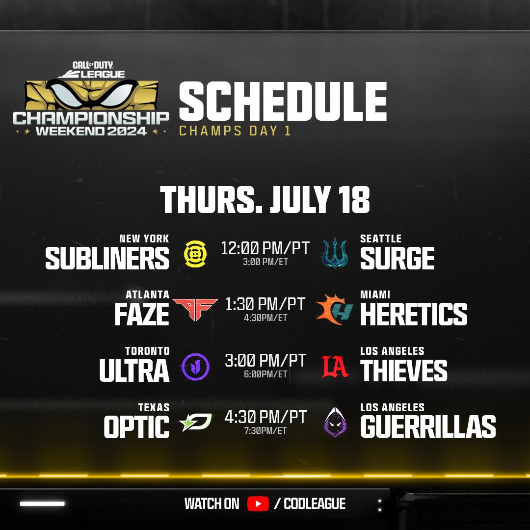 TeamEtiquette's tweet image. CHAMPS IS HERE🥳

Give us your predictions below👇

💛NYSL vs SEA💙
❤️FAZE vs MIA🩵
💜ULTRA vs LAT❤️
💚OPTIC vs LAG💜

#codleague #CDL2024  #cdlchamps