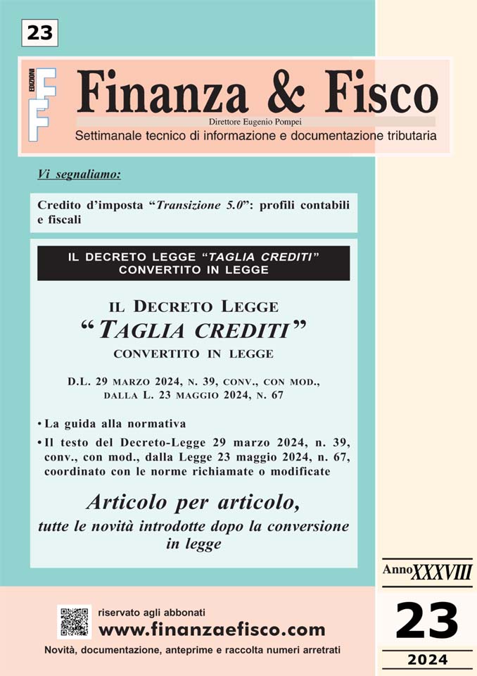 È uscito un nuovo numero di Finanza &amp; Fisco
In primo piano:lo Speciale - Decreto-Legge “Taglia crediti” e compensazioni e i profili contabili e fiscali del credito d’imposta “Transizione 5.0”
finanzaefisco.com/rivista_2024-2…