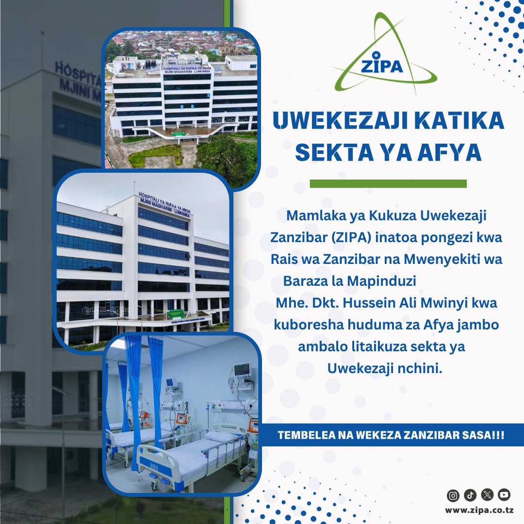 Mamlaka ya Kukuza Uwekezaji Zanzibar (ZIPA) inatoa pongezi kwa Rais wa Zanzibar na Mwenyekiti wa Baraza la Mapinduzi Mhe. Dkt. Hussein Ali Mwinyi kwa kuboresha huduma za Afya nchini jambo ambalo litaikuza sekta ya Uwekezaji nchini

#visitzanzibar
#wekezazanzibar
#investinzanzibar