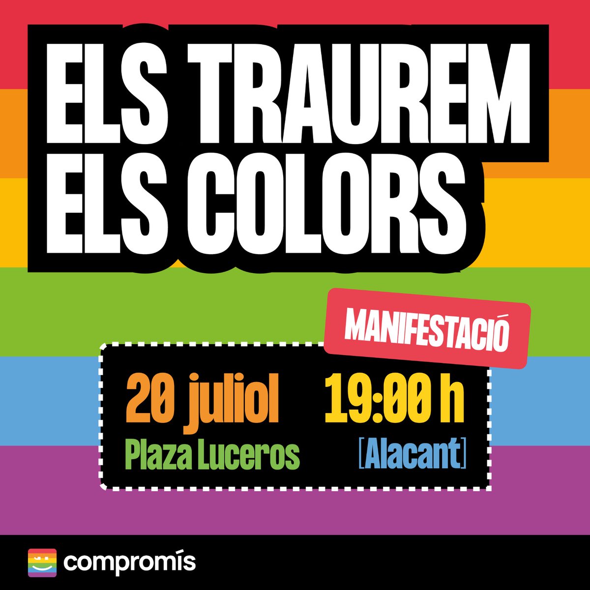 Els traurem els colors 🏳️‍🌈🏳️‍⚧️
Ens veiem per a reivindicar la diversitat i per denunciar les retallades que estem patint per part del PP i VOX.
PRÈVIA💄💅
📍A la seu de Compromís Alacant (Av. General Marvà, 39). 
🕠 17:30
MANIFESTACIÓ
📍A la A la seu de Compromís Alacant.
🕡 18:30