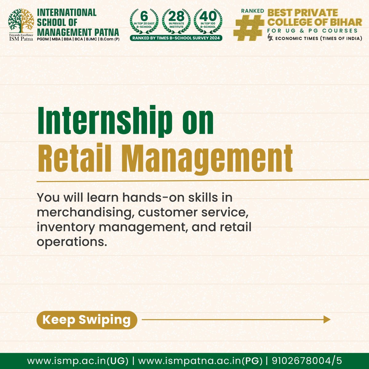 ISMPatna's tweet image. Unlock endless opportunities in the world of business with our #BBAprogrammes offering specialised certifications!
🎯Applications for the upcoming academic year are now open. 
Apply now!

📞1800-123-0945

#BBACourse #BestCollege #CareerGrowth #Patna #AdmissionsOpen #ISMPatna