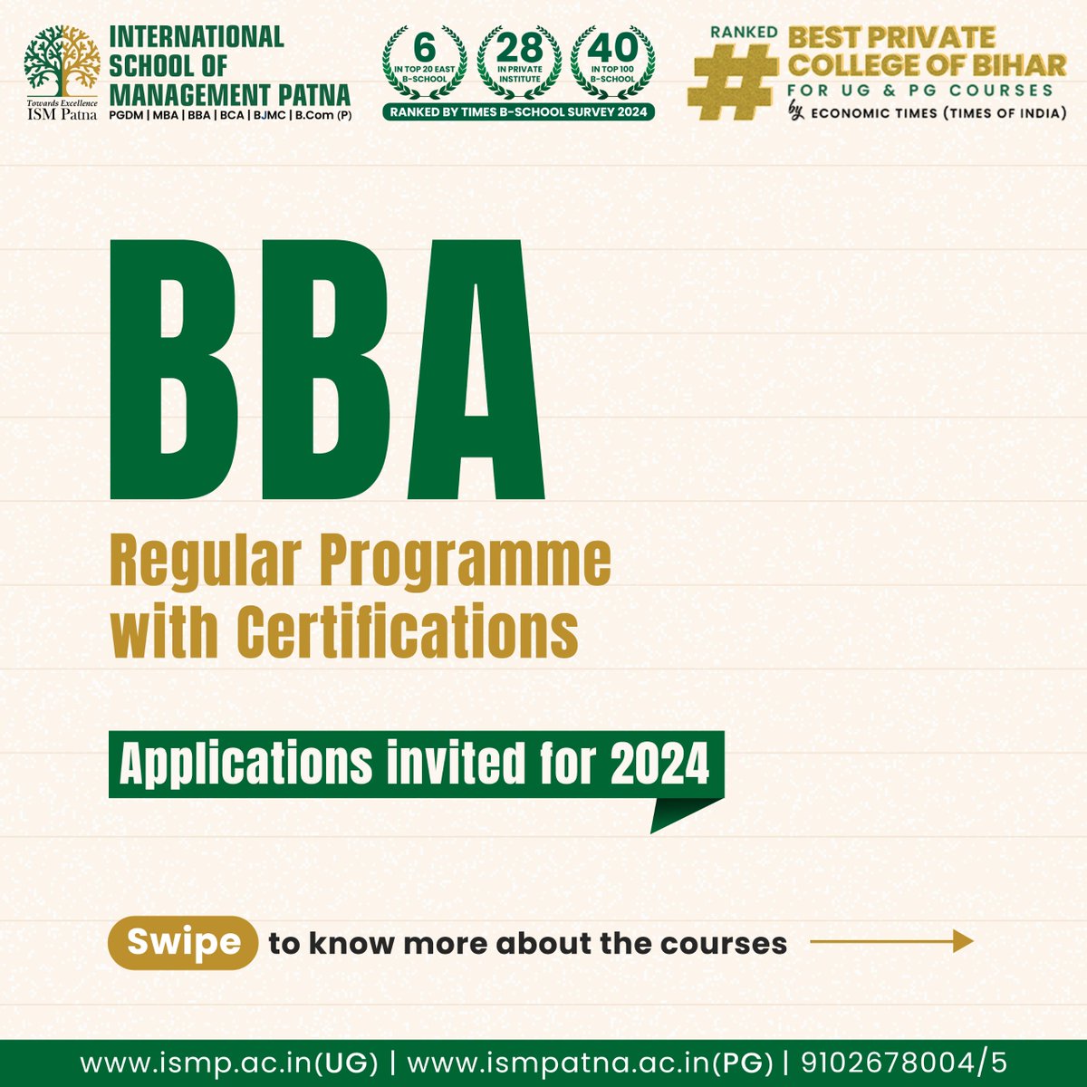 ISMPatna's tweet image. Unlock endless opportunities in the world of business with our #BBAprogrammes offering specialised certifications!
🎯Applications for the upcoming academic year are now open. 
Apply now!

📞1800-123-0945

#BBACourse #BestCollege #CareerGrowth #Patna #AdmissionsOpen #ISMPatna