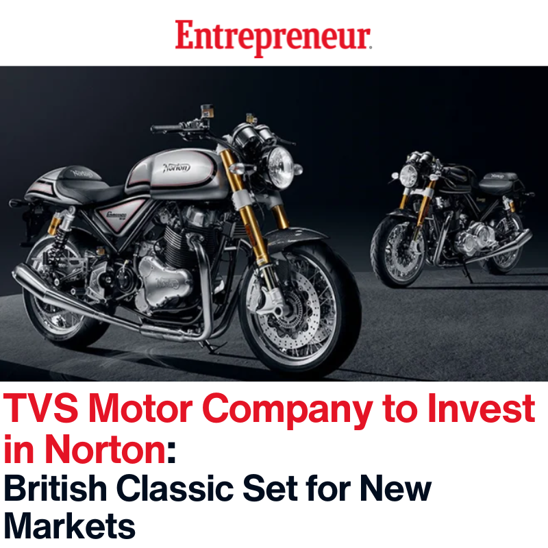 EntrepreneurAPJ's tweet image. #Update

In a major boost for British motorcycle heritage, TVS Motor Company, an Indian manufacturer, is investing $260 million in Norton Motorcycles.

Read the story: ow.ly/QgMj50SF42h

#BritishHeritage #NortonMotorcycles #MotorcycleIndustry #NewProductDevelopment #RnD