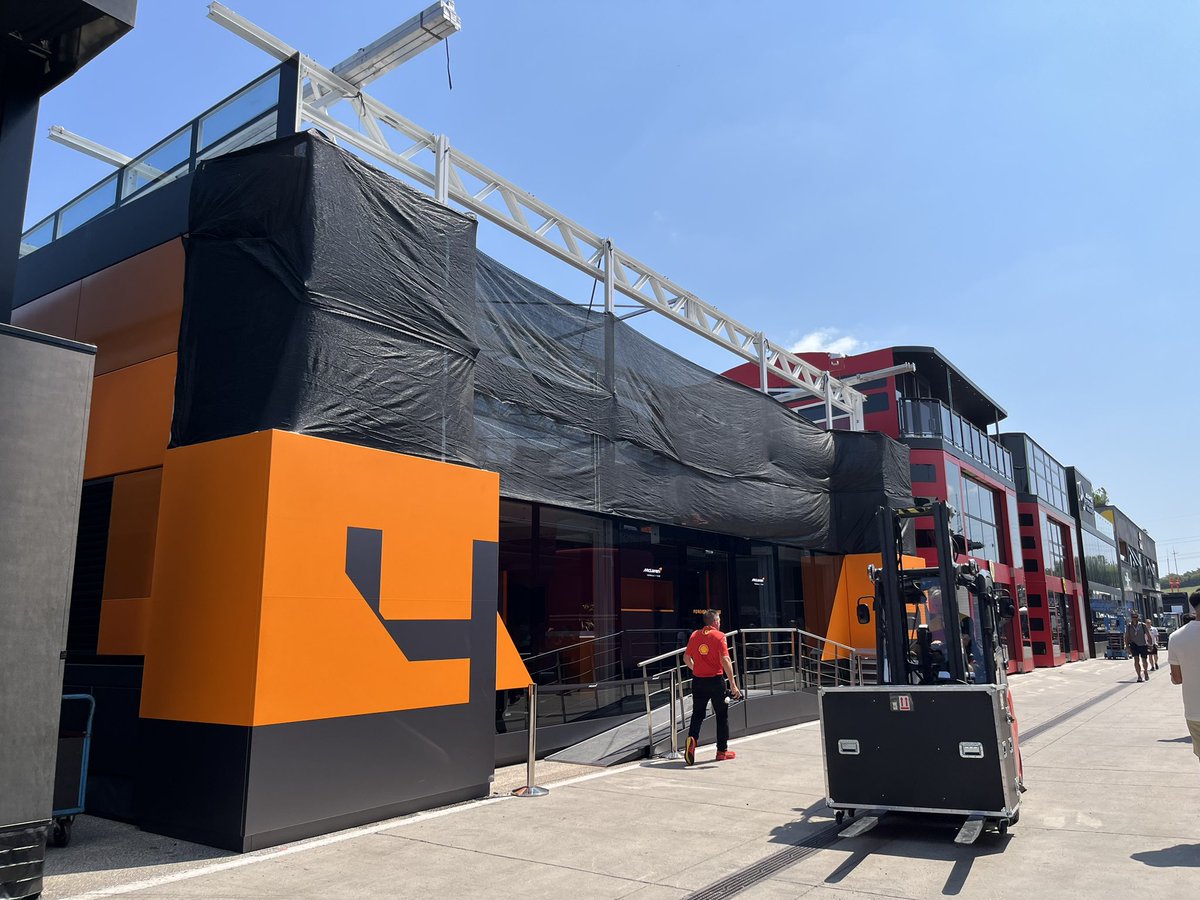 Hello from Budapest. It‘s hot today bit yesterday there was a thunderstorm and the roof of the McLaren hospitality got damaged #F1