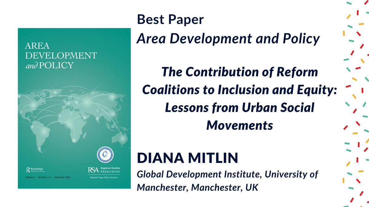 Regional Studies Association (@regstud) on Twitter photo We are delighted to announce that the 2024 <a href="/RSA_ADP/">Area Development & Policy</a> Best Paper Award goes to @DianaMitlin for her #openaccess paper 'The contribution of reform coalitions to inclusion and equity: lessons from urban social movements.’
doi.org/10.1080/237929… We are delighted to announce that the 2024 <a href="/RSA_ADP/">Area Development & Policy</a> Best Paper Award goes to @DianaMitlin for her #openaccess paper 'The contribution of reform coalitions to inclusion and equity: lessons from urban social movements.’
doi.org/10.1080/237929…