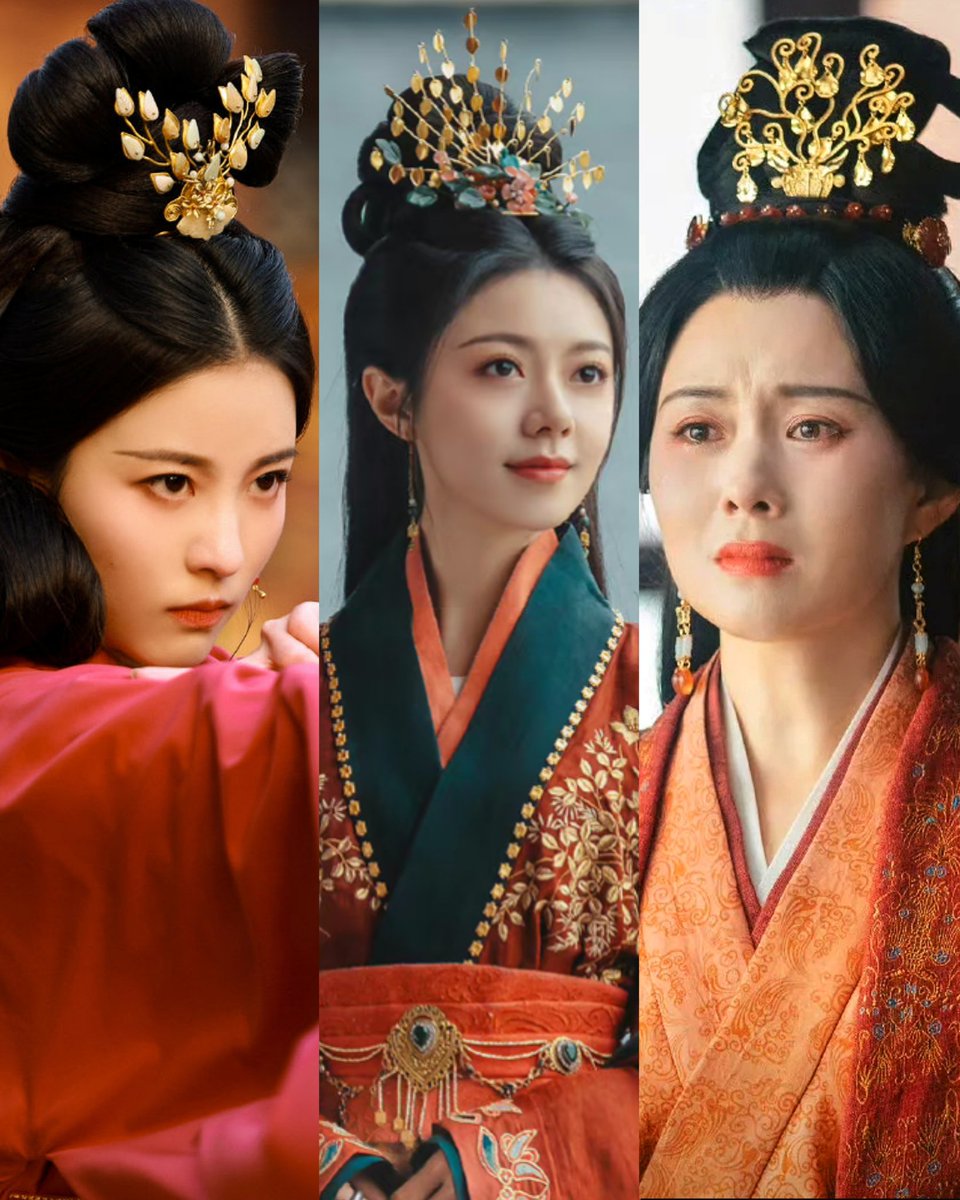 consort ning (#SunRui), li rong (#ZhaoJinmai), and the empress (#ZhaoPeilin) wearing golden tree buyao head ornaments in ancient costume chinese drama #ThePrincessRoyal (2024)