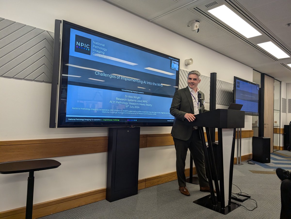 dremilylclarke's tweet photo. Excited for Dr Alex Wright's key note talk at the #alanturinginstitute Pathology in AI workshop concerning the 'Challenges of Implementing AI into the NHS' #NPIC_AI https://t.co/LzMTTGB6io