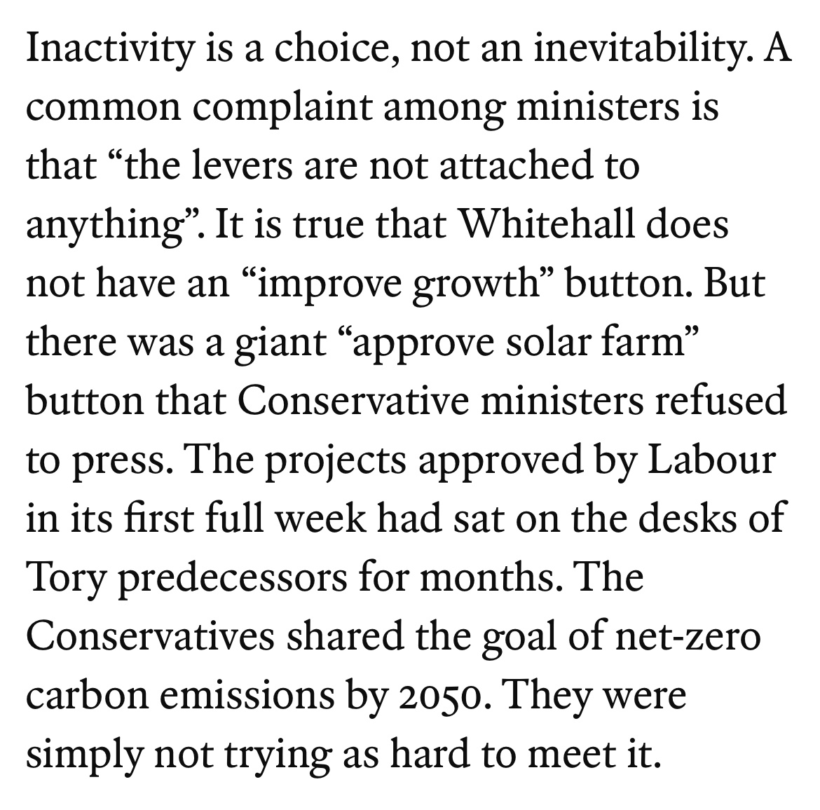 Agree with the broad argument of this article, but this is a bad example. The decision of whether to ban onshore wind farms or not is surely policy, not implementation. The link to 2050 targets is logical but a big stretch.