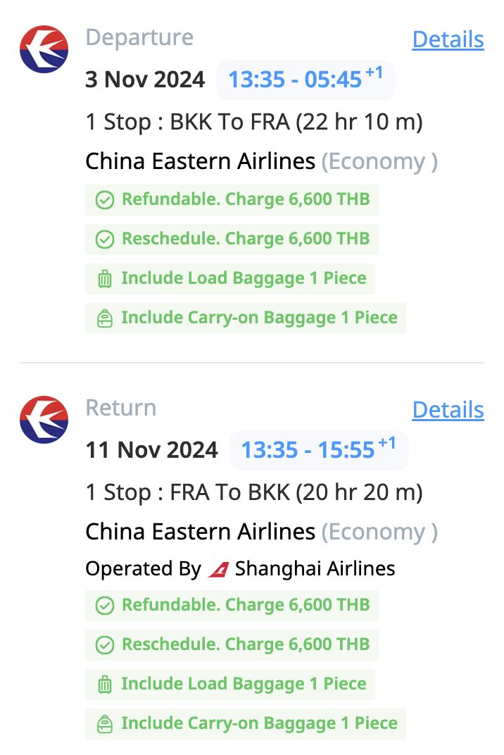 ✈️ Bangkok / Frankfurt / return 🇩🇪 1 week round trip 19,192 Baht (488 Euro)