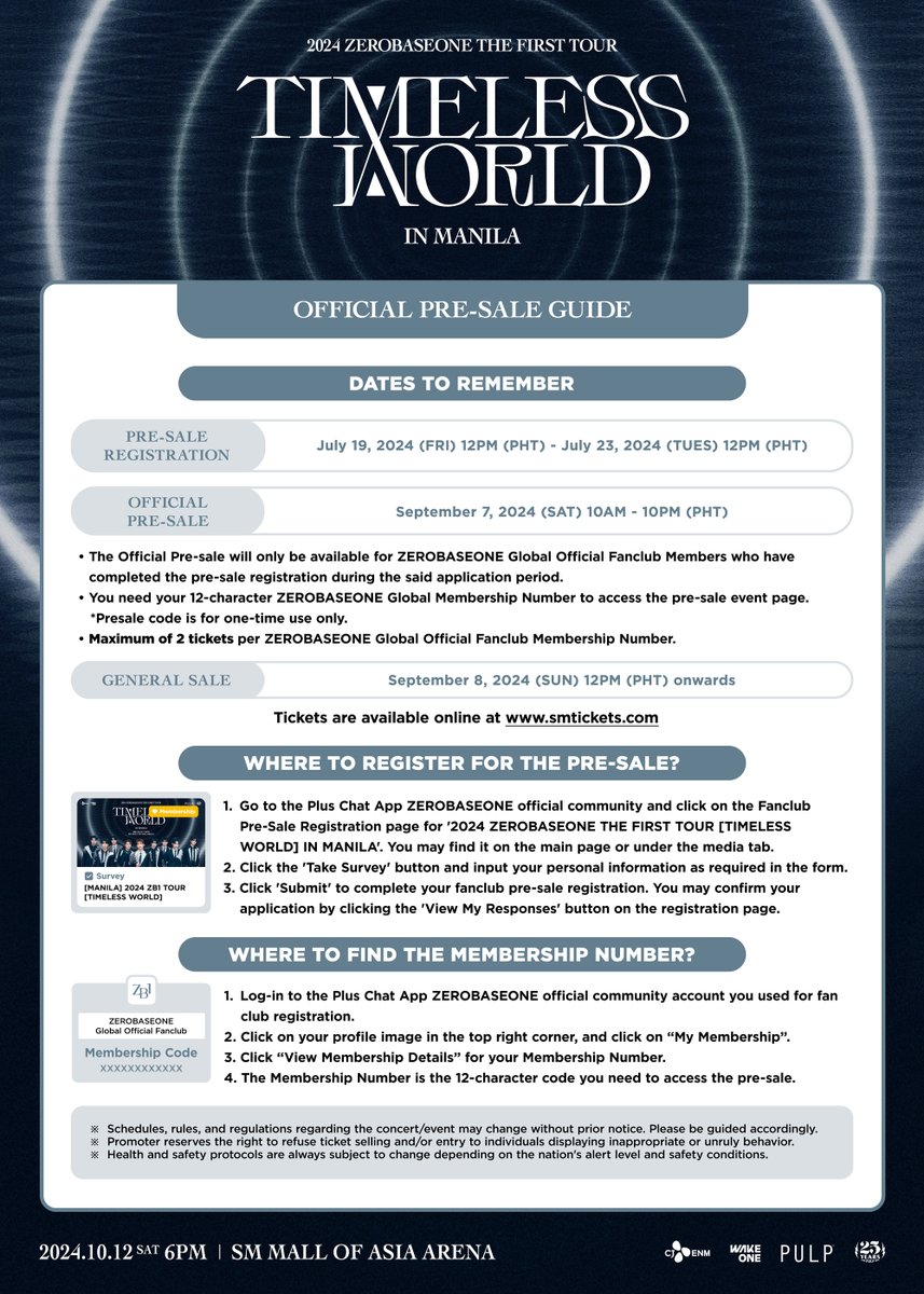 pulpliveworld's tweet photo. Here's the Pre-sale Guide for 2024 ZEROBASEONE THE FIRST TOUR [TIMELESS WORLD] IN MANILA! 💙

Pre-sale Details:
📅 September 7, 2024
🕙 10AM-10PM PH Time
🔗 Available exclusively at https://t.co/atvVqUEioB

Only ZEROBASEONE Global Official Fanclub Members are eligible for the pre-sale, so make sure to complete your registration! 🤗 General ticketing opens on September 8, 2024, 12PM PH Time onwards via @smtickets outlets nationwide and https://t.co/atvVqUEioB.

#ZEROBASEONE #ZB1 #제로베이스원 #ZEROBASEONETHEFIRSTTOUR #2024_ZEROBASEONE_THEFIRSTTOUR_TIMELESSWORLD_IN_MANILA #TIMELESSWORLD #ZEROBASEONEINMANILA #ZB1INMANILA