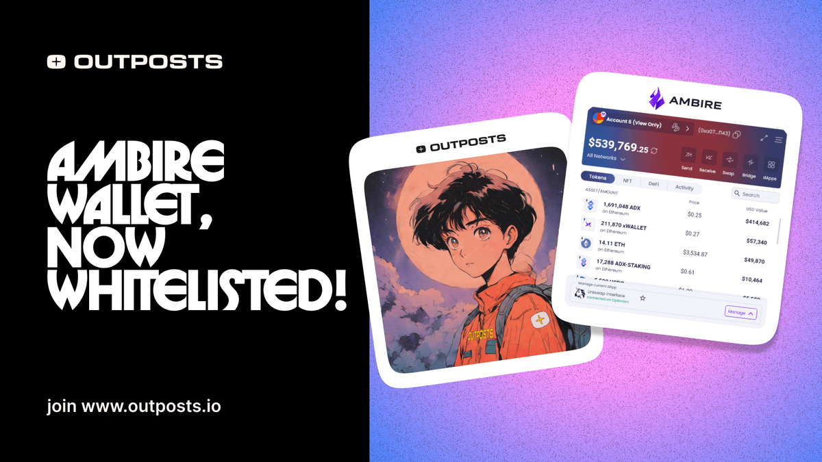 Outposts (@outposts_io) on Twitter photo All <a href="/AmbireWallet/">ambire.eth</a> extension users are now whitelisted on Outposts! 💌
Ambire is the first hybrid account abstraction wallet that makes your EVM life easy and secure.
Treats for Outpost fam in the 2nd tweet 😎
Get started: outposts.io All <a href="/AmbireWallet/">ambire.eth</a> extension users are now whitelisted on Outposts! 💌
Ambire is the first hybrid account abstraction wallet that makes your EVM life easy and secure.
Treats for Outpost fam in the 2nd tweet 😎
Get started: outposts.io