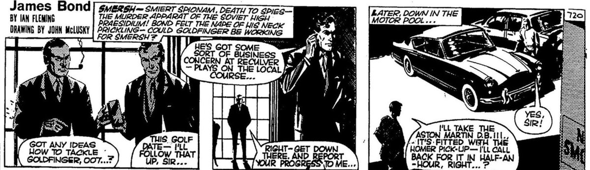 agalleryartists's tweet photo. The classic moment from the 1964 film Goldfinger, where James Bond was introduced to an Aston Martin by Q, was first visualised in a 1961 drawing by John McLusky for the Daily Express, personally approved by Ian Fleming. 

#AstonMartin #JamesBond #Goldfinger #HouseofQ https://t.co/JQgwOWdAxo