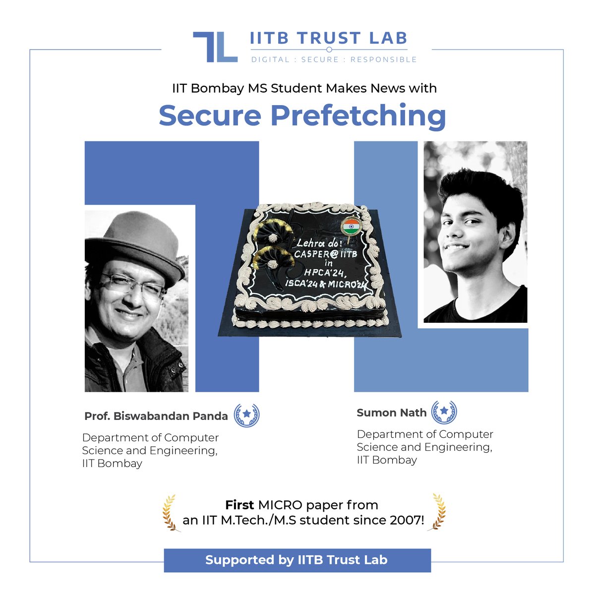 IITBTrustLab's tweet image. Sumon Nath, an MS student working with Prof. Biswabandan Panda, has had his paper, &quot;Secure Prefetching for Secure Cache Systems,&quot; accepted at MICRO 2024, a premier #ComputerArchitecture conference. The research was supported by IITB Trust Lab.

#IITB #IITBTrustLab
