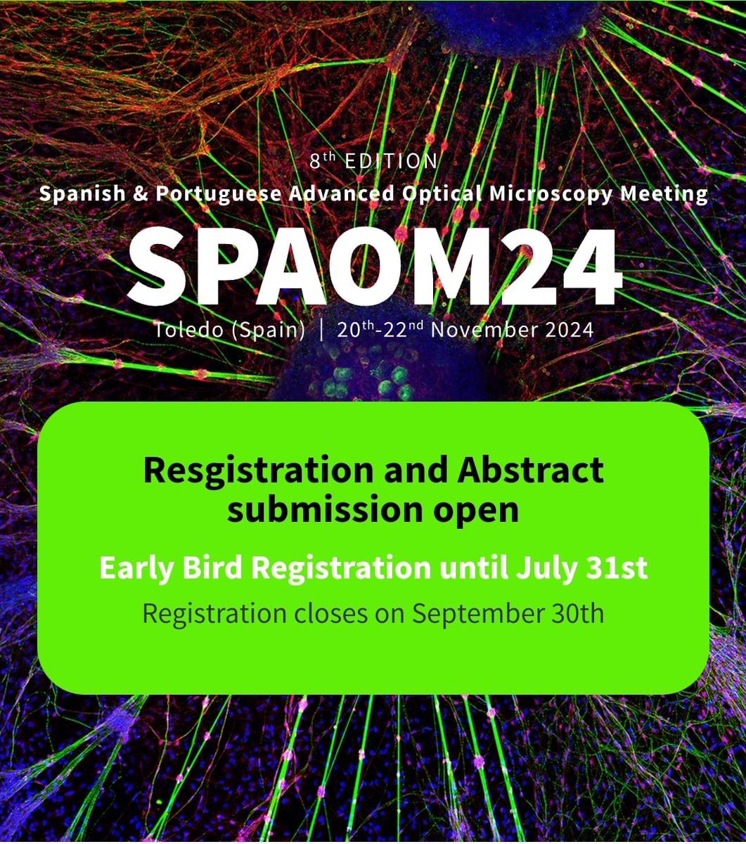 PPBioImaging's tweet photo. The early bird registration for the 8th edition of SPAOM is now open! Don't miss it, and let's meet in Toledo between the 20th and 22nd of November 🤓!!!
#spaom2024 #remoa #ppbi #Microscopy #technologydevelopers #Science https://t.co/xn55bAgcjS