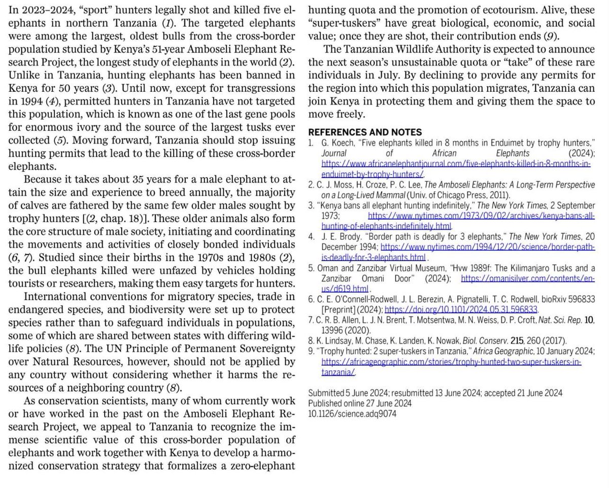 Paula Kahumbu (@paulakahumbu) on Twitter photo .<a href="/SuluhuSamia/">Samia Suluhu</a> A team of scientists wrote this letter in Science journal appealing to your government of Tanzania to halt the hunting of elephants in northern Tanzania where Kenya's iconic giant Amboseli elephants roam.
#StopHuntingAmboseliElephants .<a href="/SuluhuSamia/">Samia Suluhu</a> A team of scientists wrote this letter in Science journal appealing to your government of Tanzania to halt the hunting of elephants in northern Tanzania where Kenya's iconic giant Amboseli elephants roam.
#StopHuntingAmboseliElephants