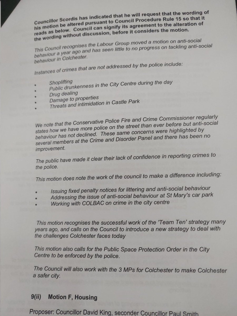 LScordis's tweet photo. Glad our motion on Anti social behaviour passed last night, with the aim of building a new strategy to make Colchester safer.

It's very disappointing that The Tories, two Lib Dems and a Green councillor could not support it.  They offered no other alternatives. https://t.co/xkPKBdPw1b