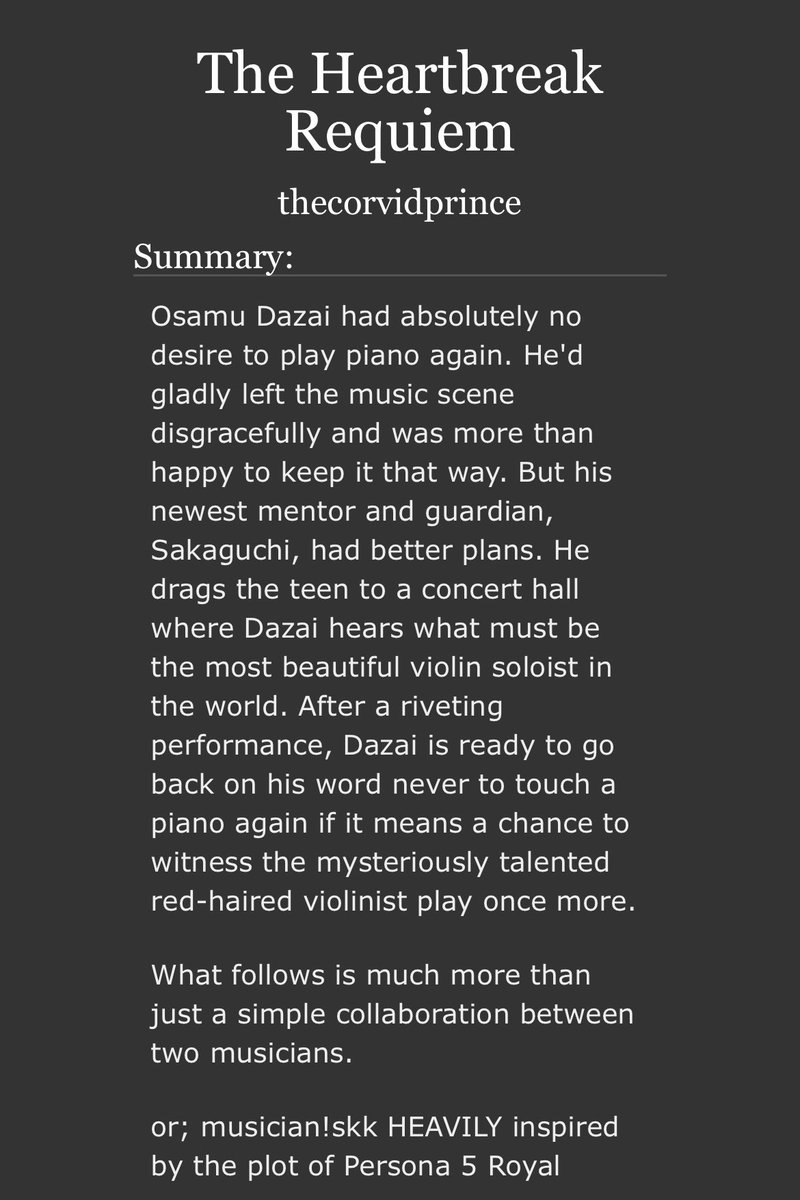 thecorvidprince's tweet photo. ~The Heartbreak Requiem~
~ 6.9k
~ #skk
~ written for #BSDMusicalChronicles @bsdchronicles
~ SLIGHT P5 crossover
https://t.co/z8jRgOeUzd https://t.co/iDiTNNfk53