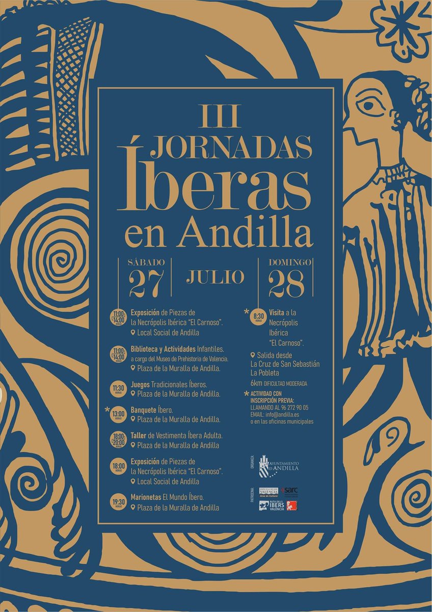 muprevalencia's tweet photo. 🏺🗡️ Preparats per a descobrir el llegat iber d'#Andilla?
El 27 i 28 de juliol no vos podeu perdre les III Jornades Iberes de la localitat amb visites a la necròpolis ibera de #ElCarnoso, la biblio infantil del #Mupreva, jocs, tallers, banquet iber...
Agendeu 👇🏻
#RutaDelsIbers https://t.co/qK2LLsEwQd