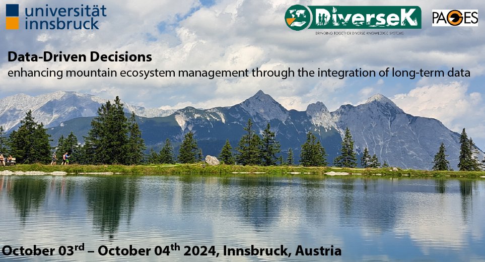 📢 #DiverseK Workshop Alert!!! 📢
What: Data-Driven Decisions - enhancing mountain ecosystem management through the integration of long-term data
When: 3-4 October, 2024
Where: Innsbruck, Austria &amp; Online
Register: forms.gle/ER5KtYCLn4shsZ…
Find more: pastglobalchanges.org/calendar/137677