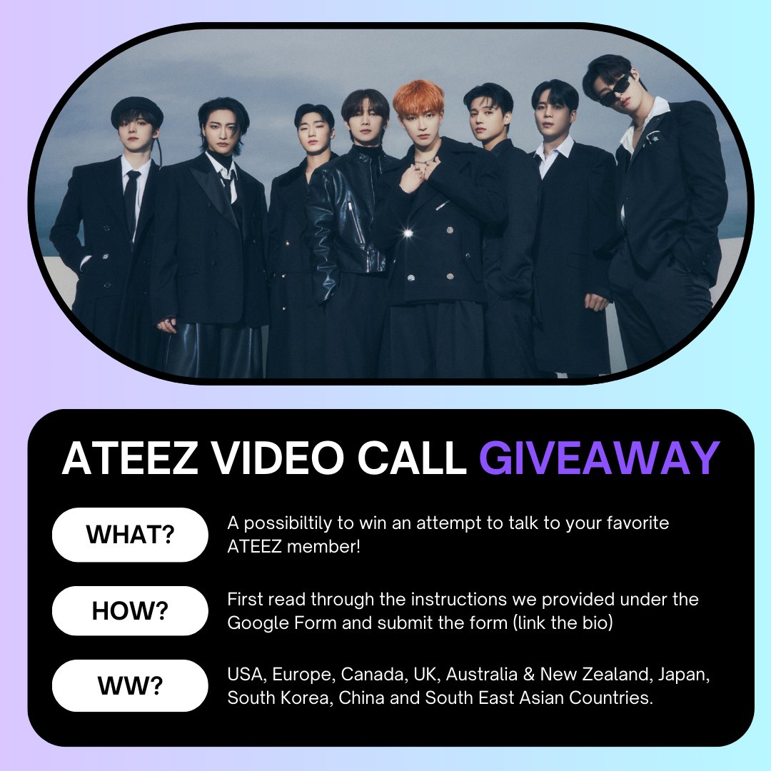 ✨ VIDEO CALL GIVEAWAY OPPORTUNITY~! ✨

Hi Atinys! We're back away with a video call GIVEAWAY opportunity to talk with your chosen ATEEZ member!

All the rules are in the Google Form (link in our bio), don't forget to read the rules there very carefully and good luck 💜