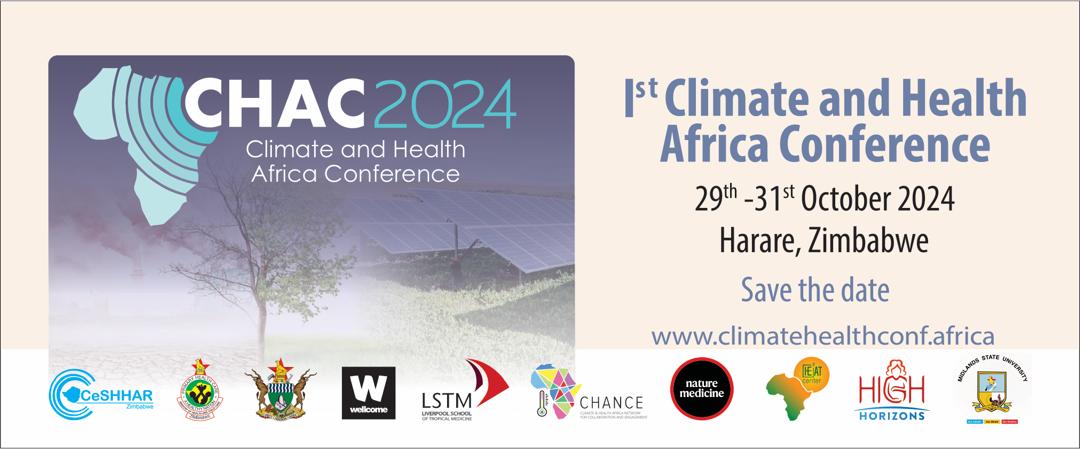 Join us at the 1st International Climate &amp; Health Conference 29-31 October 2024, Harare, Zimbabwe!  Submit your abstract &amp; apply for scholarships by August 2, 2024.

🔗 Abstracts: [climatehealthconf.africa/abstracts/]
🔗 Scholarships: [climatehealthconf.africa/scholarships/]
#CHAC2024