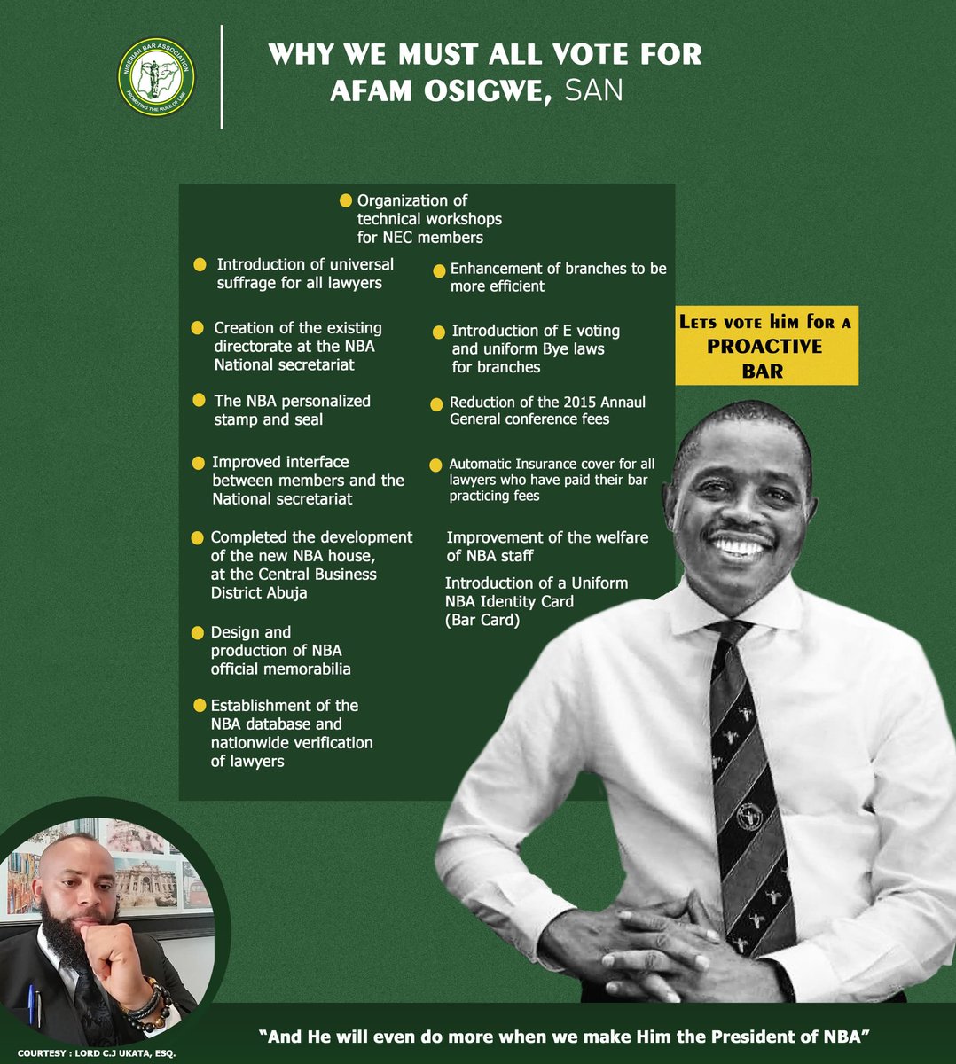 On this flyer, you will find a list of reasons why Mazi <a href="/afamosigwe/">AFAM OSIGWE</a>  SAN is the right choice for the Nigerian Bar Association presidency. I urge you to carefully consider these points and cast your vote in support of his candidacy.